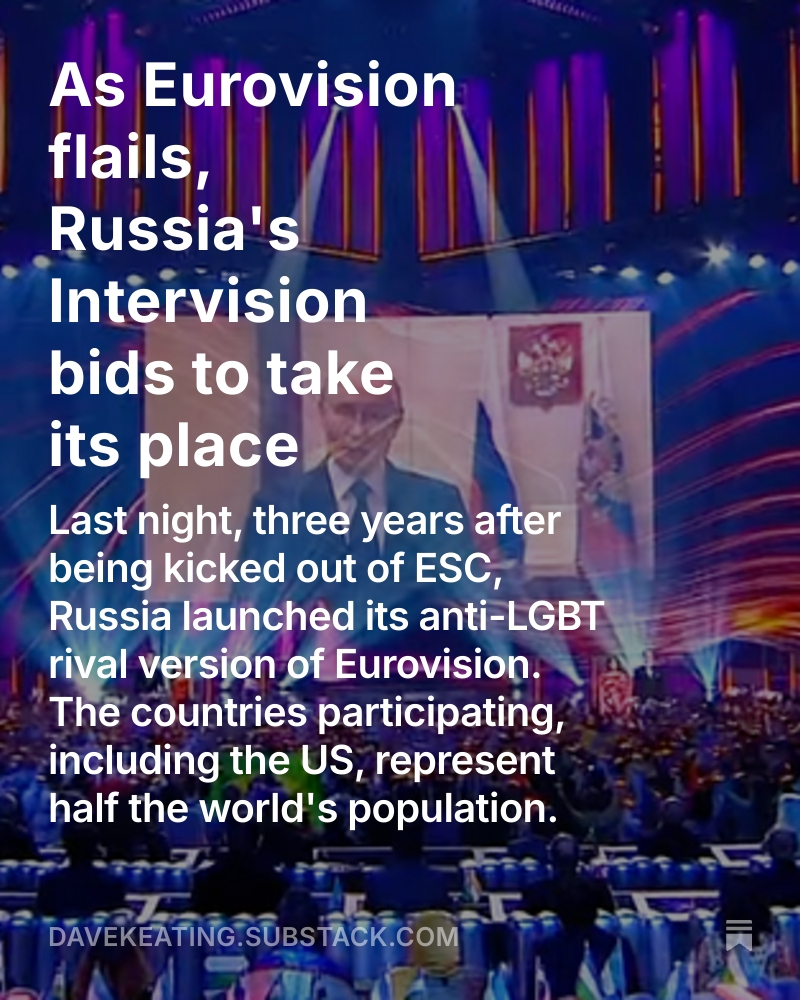 I watched last night's #Intervision debut so you don't have to. And it was slick.  

It's tempting to treat this as a joke. But it's coming at a time when #Eurovision is at risk of collapse over the Israel issue.

Russia is threatening Europe's soft power. davekeating.substack.com/p/as-eurovisio…