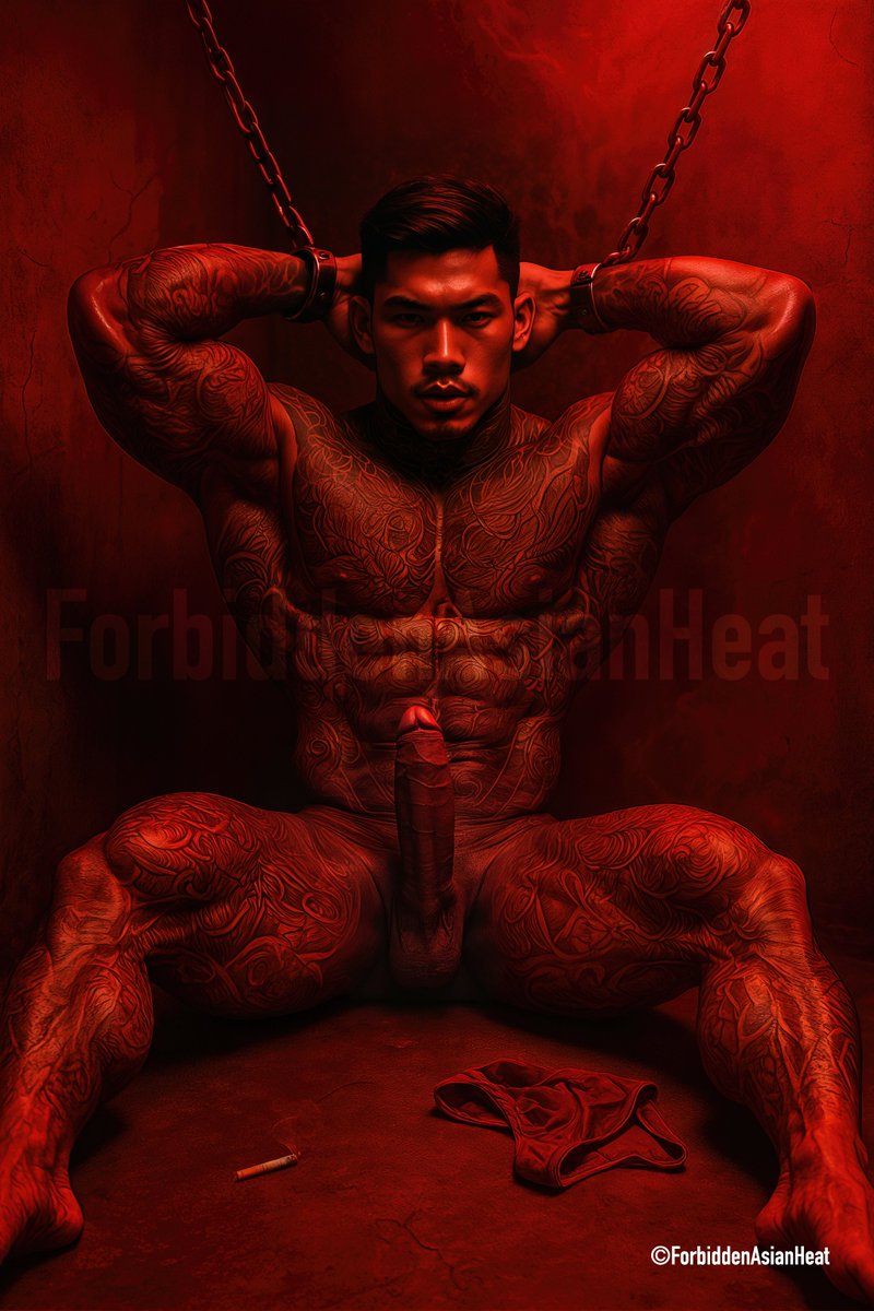 FBDasianheat's tweet photo. The cell reeked of sweat and smoke, chains rattling softly as he shifted his weight against the cold wall. Earlier, he had stood tall, glaring at the guards, refusing to bend. That defiance had earned him their punishment—stripped down, left bare under the red glow of the room. They yanked his underwear from him, tossed it to the floor, leaving him exposed and chained. Now he sat spread wide, cock rock hard, throbbing with every beat of his heart, jutting out into the stale air of the cell. His muscles flexed as he pulled against the restraints, the iron biting into his wrists, but his eyes stayed locked forward, daring anyone to look away. The humiliation of being stripped should’ve broken him, but instead it only fueled his raw hunger. His dick stood as a weapon of its own, fat and angry, dripping at the tip. Every inch of his naked body radiated power and need, a brutal mix of rage and lust. He wasn’t just a prisoner anymore—he was a beast, hard, exposed, and unashamed, waiting to see who would step closer to what the guards had uncovered.