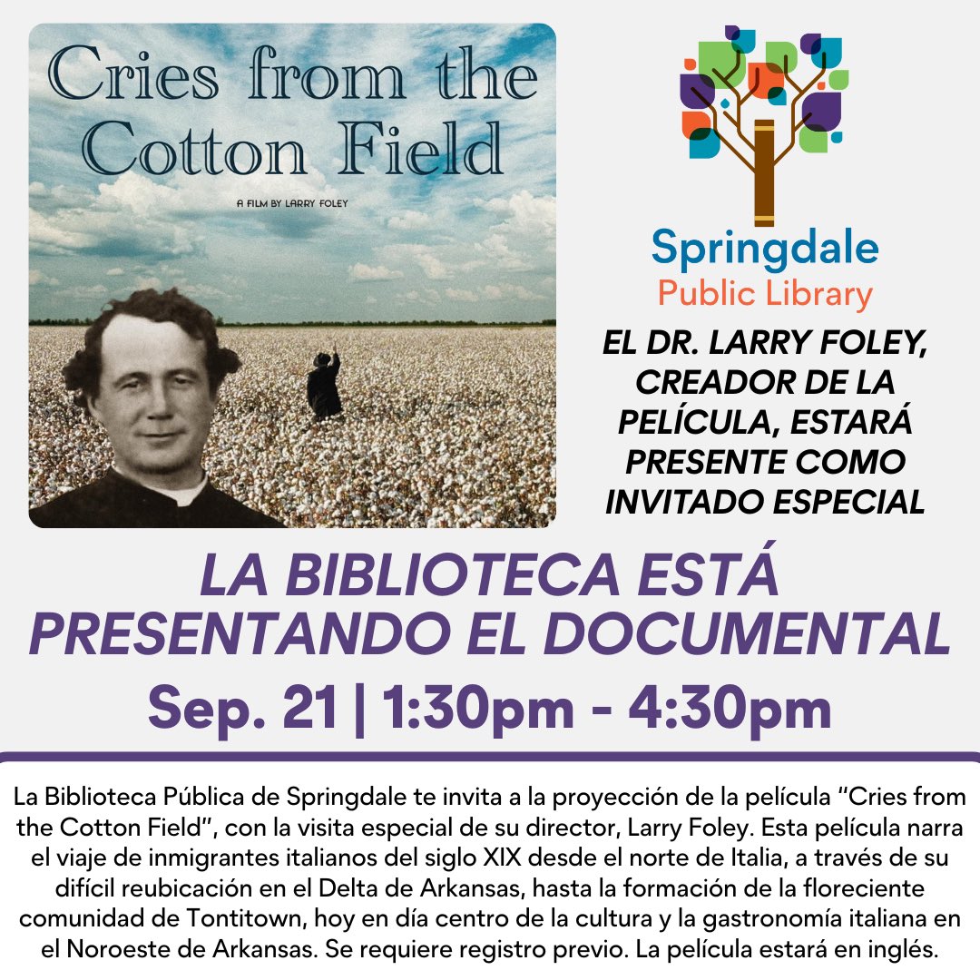 Free screening this afternoon of the documentary film Cries from the Cotton Field, Springdale Public Library,  405 S. Pleasant Street, Springdale, Arkansas. 
It’s the true-life saga of the Italians of Tontitown, how and why they came to Northwest Arkansas.
