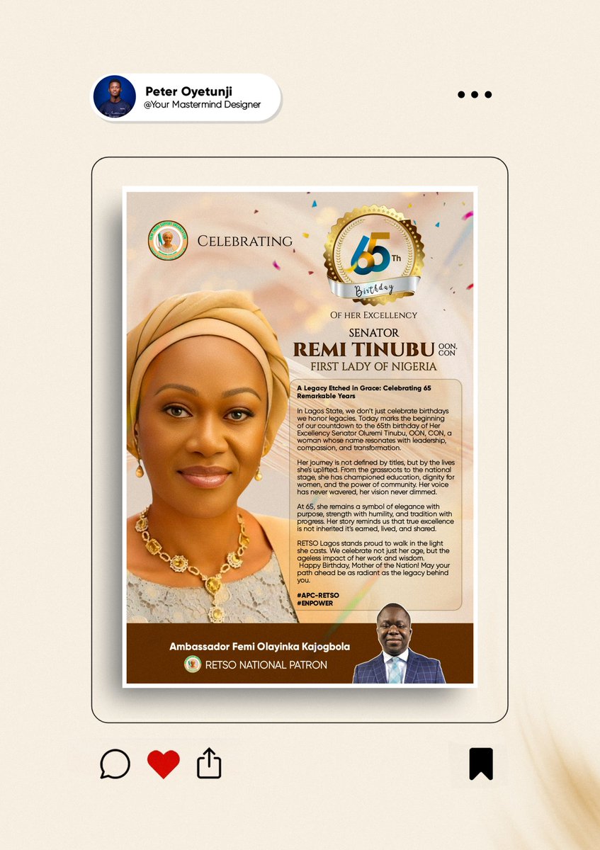 Peter_UIUX's tweet image. Design meets Legacy. 🎨💫
Privileged to channel my creativity into this birthday design celebrating Nigeria’s First Lady, Senator Remi Tinubu, at 65 🌟💐

Mockup credit: @Drmcrft_studio

#RemiTinubuAt65 #MotherOfTheNation #LegacyOfImpact #YourMastermindDesigner