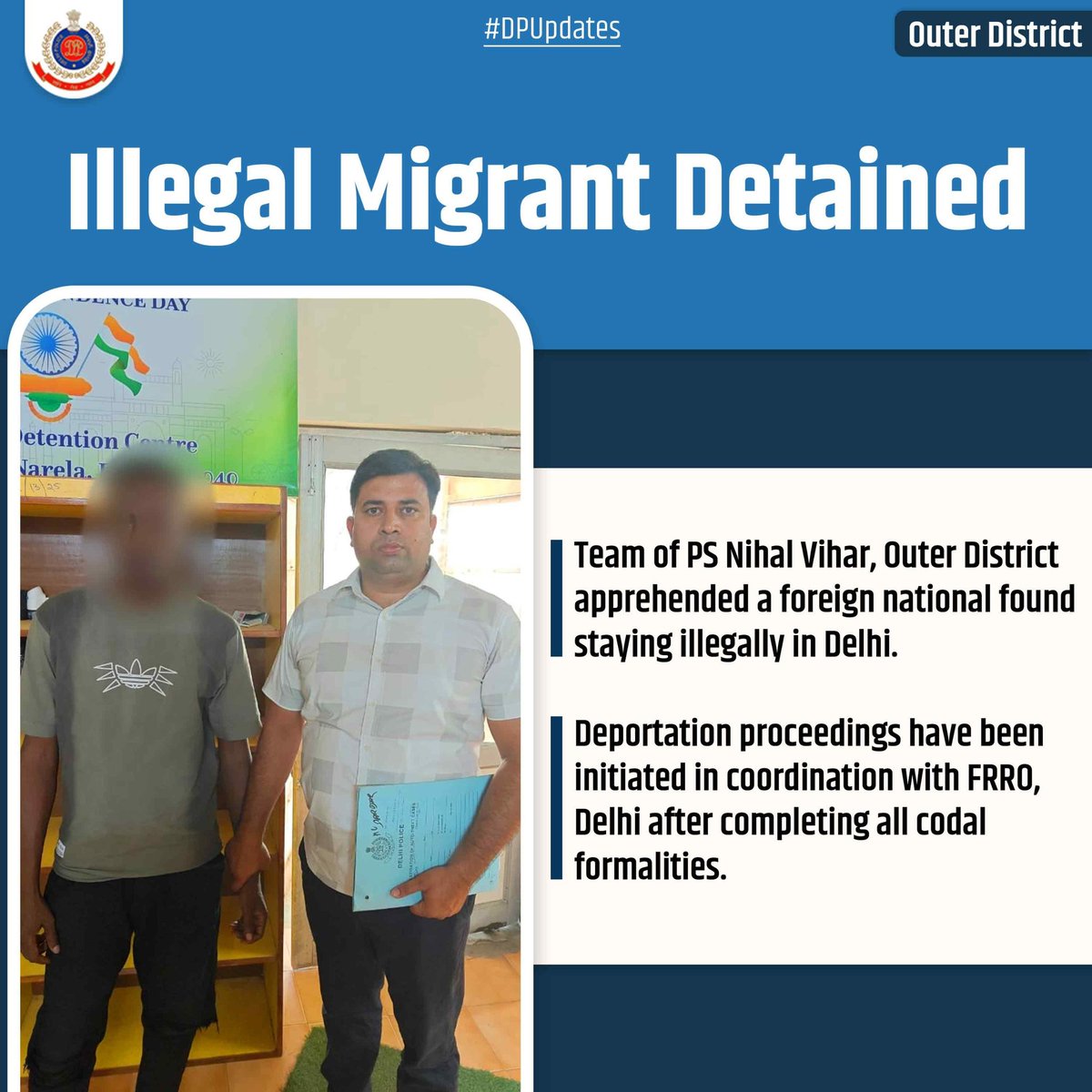 dcpouter's tweet image. 🚨 PS Nihal Vihar | Outer District 🚨 

Team of PS Nihal Vihar, Outer District detained a foreign national overstaying in the area. Deportation process initiated with FRRO, Delhi after completing legal formalities.

This operation reflects the district police’s proactive approach…