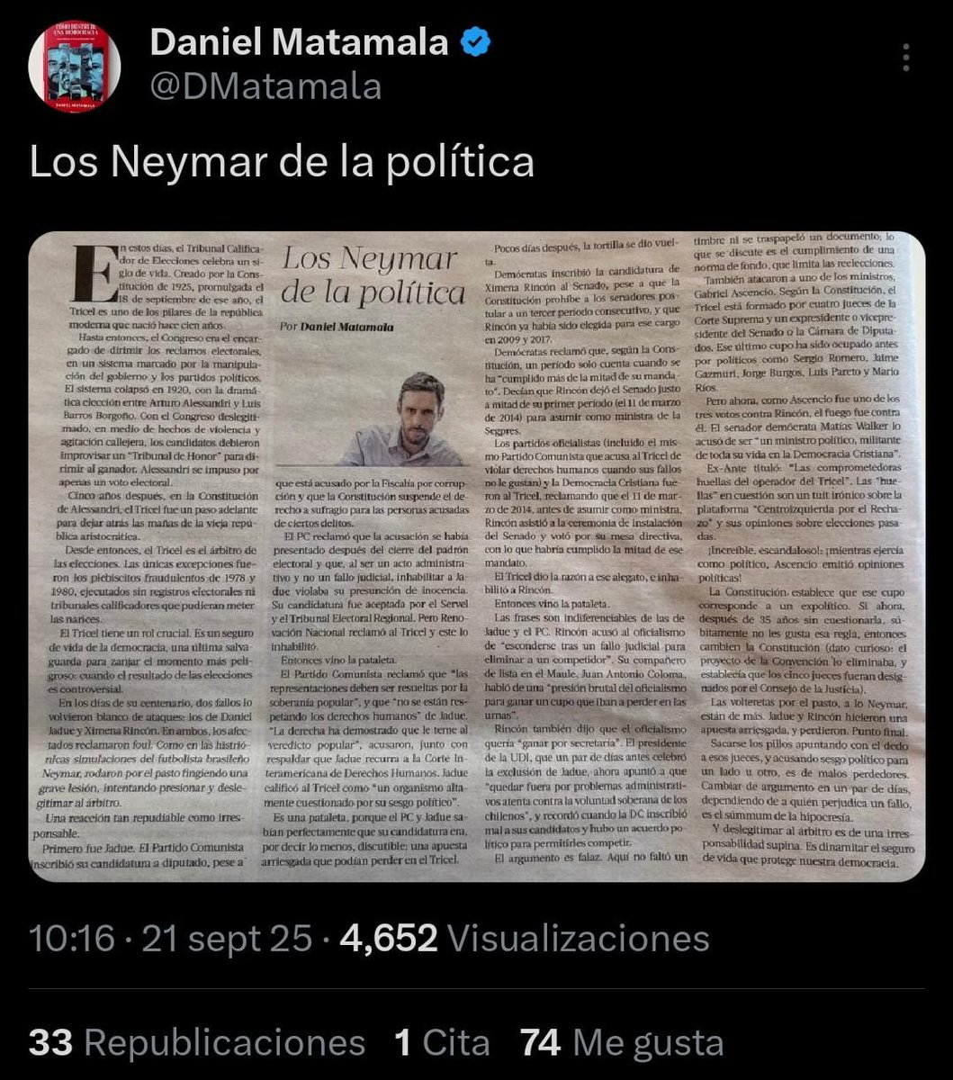 Y como siempre acá tenemos al rey del empate, el que nunca salta sin red, el que tiene una personalidad para los podcast y otra para los medios hegemónicos. El problema de Daniel Matamala no es que no denuncie, el problema  es que solo lo hace cuando ya no corre riesgo. Él espera