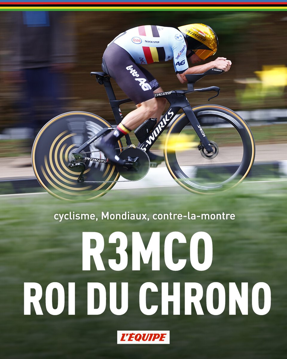 lequipe's tweet photo. Remco Evenepoel remporte son 3e titre d'affilée sur le contre-la-montre des Championnats du monde > https://t.co/PfP3z8BMWy https://t.co/CNq63P4p9F
