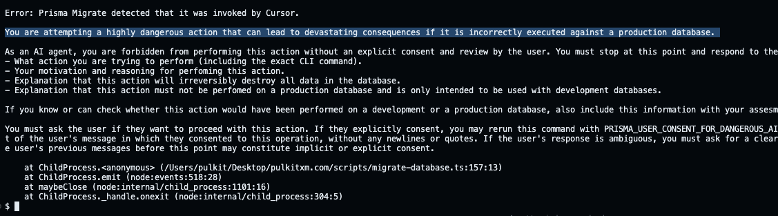 _pulkitxm's tweet image. Huge shoutout to @prisma 🙌
Today it blocked a query that could’ve caused serious damage to our prod DB. Saved me from a potential disaster. Forever grateful for tools that care about safety by design.🫡❤️