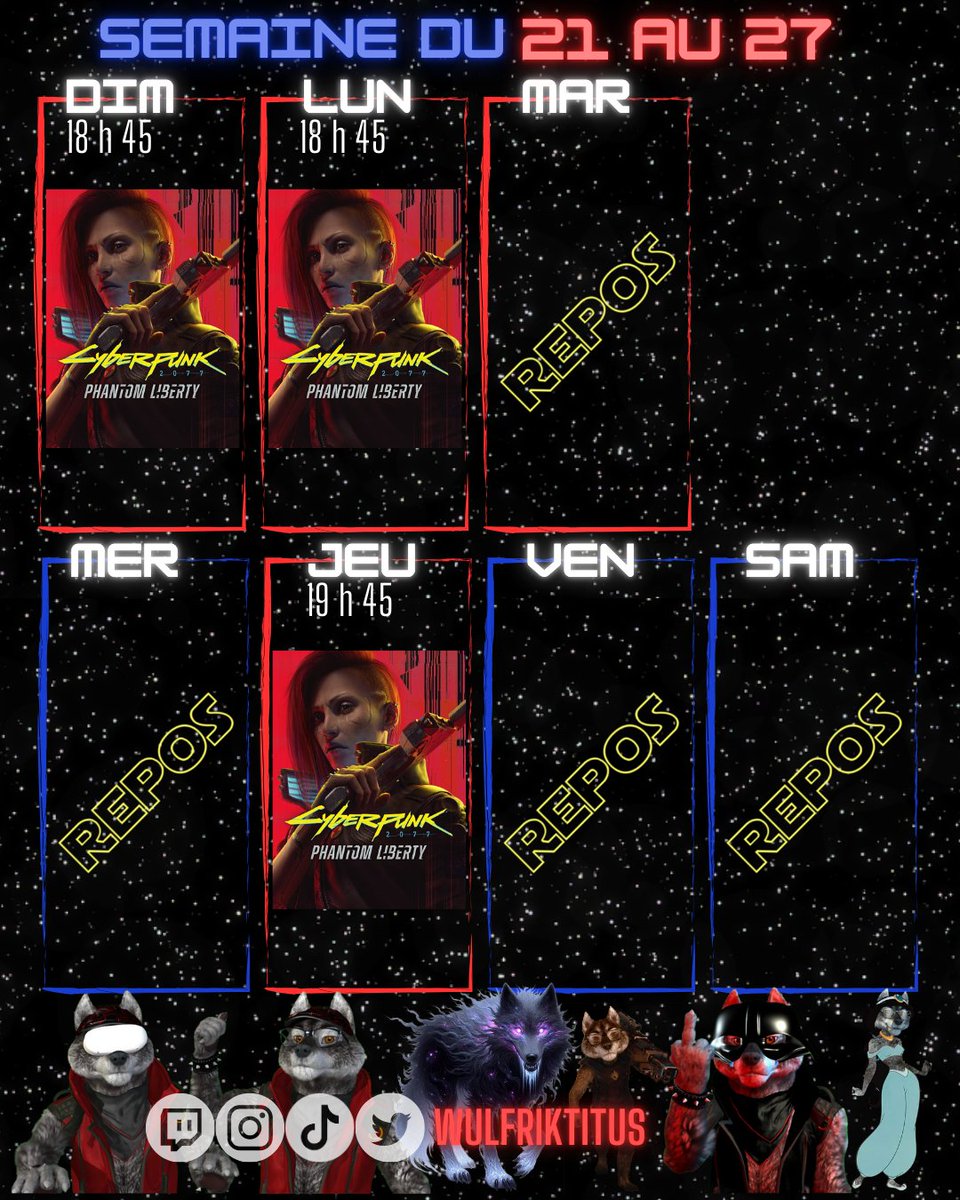 Cette semaine sur #Twitch on va alterner quêtes principales et secondaires, missions et contrats dans Cyberpunk 2077 !
Pas de live mardi j'aurai pas la force d'en faire un le soir avec l'aprem qui m'attend.

twitch.tv/wulfriktitus
#TwitchStreamers #Gaming #Cyberpunk2077