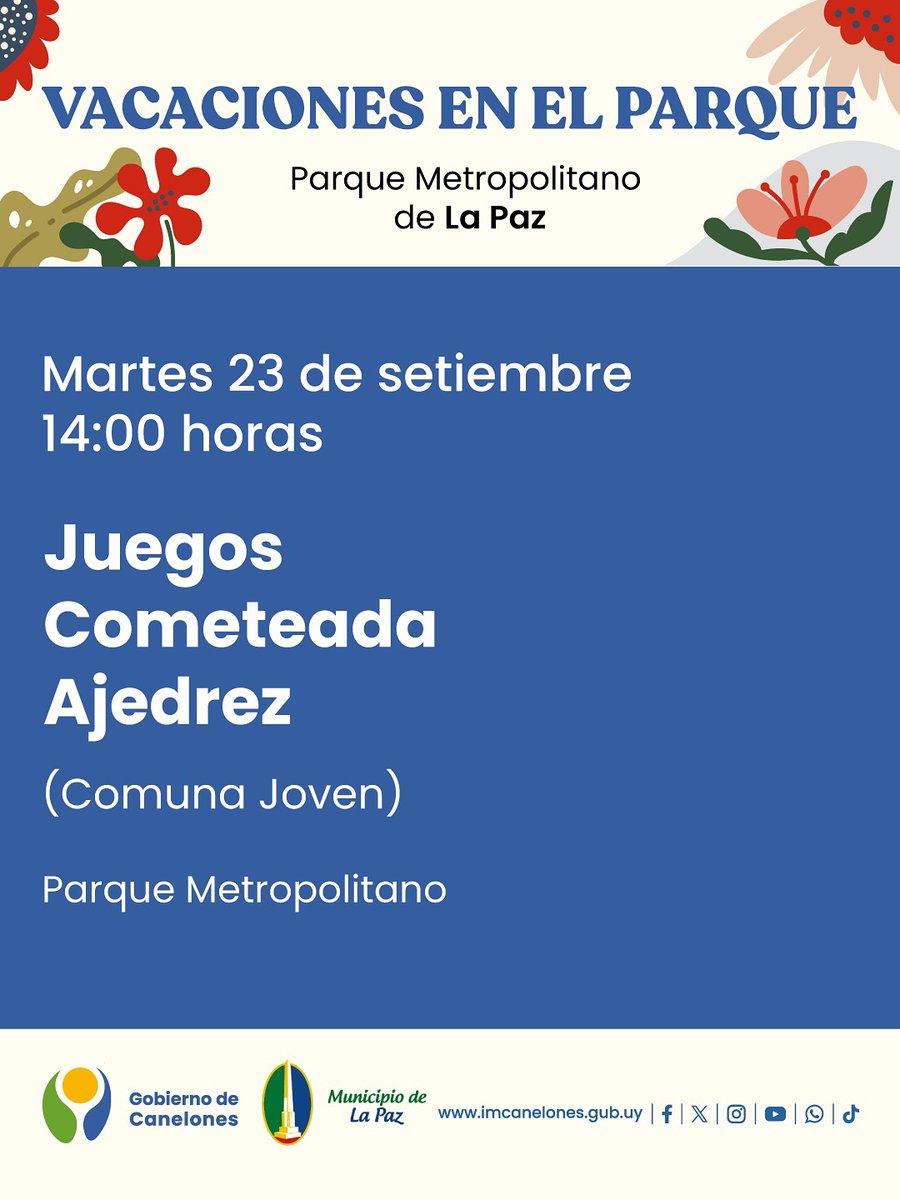 🧩En nuestros parques, estas vacaciones de primavera se disfrutan con actividades recreativas, deportivas y culturales, con entrada libre y gratuita.
Mirá todas las propuestas 👉
imcanelones.gub.uy/noticias/parqu…
#CanelonesAvanzaConTurismo
#Primavera #VacacionesdePrimavera