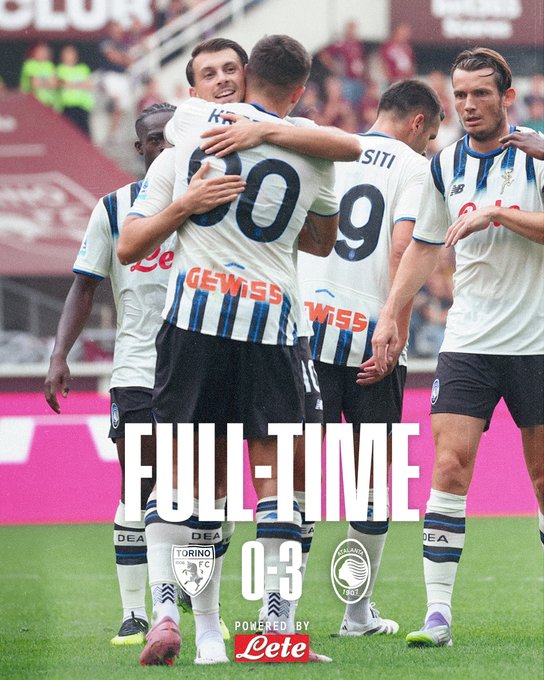 Soccer players in Atalanta B.C. jerseys celebrating on a field. They wear white and blue striped uniforms with numbers 90 and 9 visible. The players are hugging and smiling, with green grass and a stadium crowd in the background. Text overlay reads "FULL-TIME 0-3" and includes logos for Torino and Atalanta.