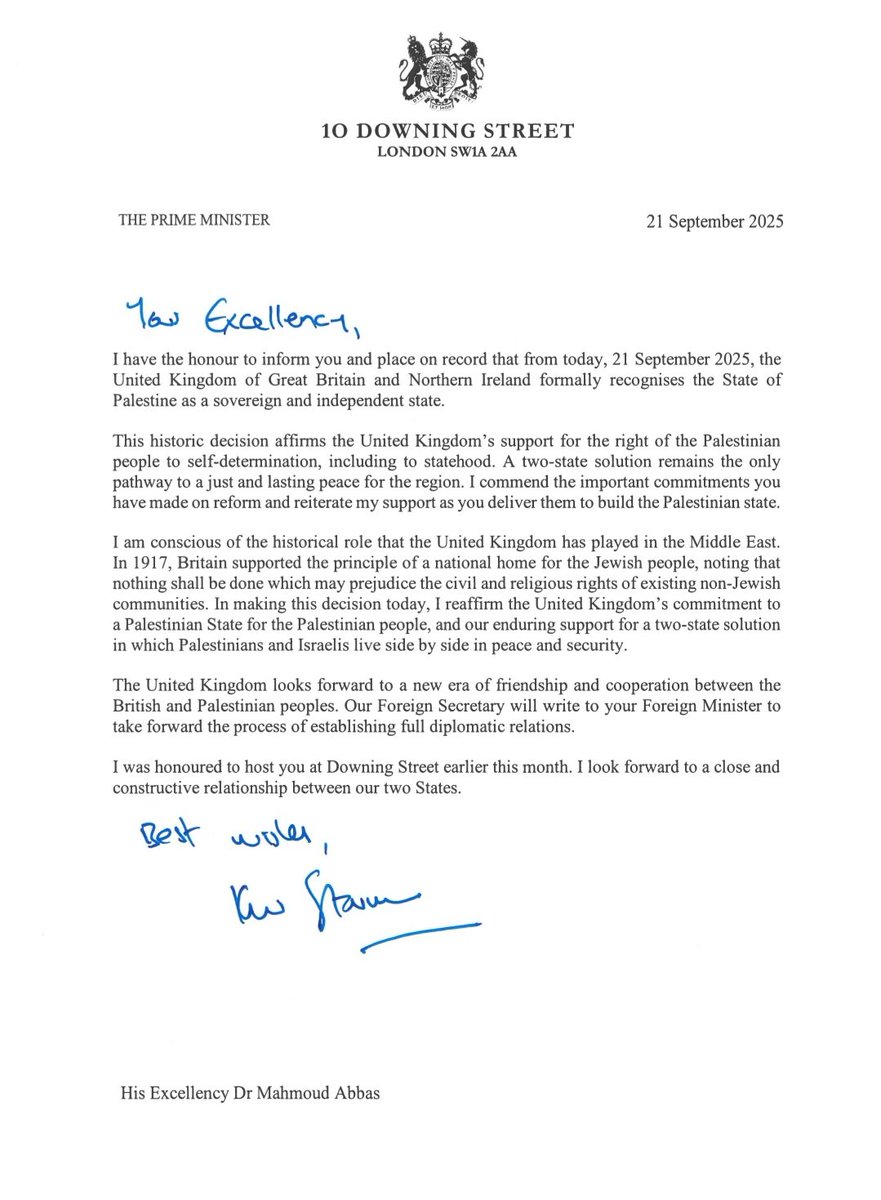 Starmer's letter to Palestinian president Abbas about the recognition of a Palestinian state