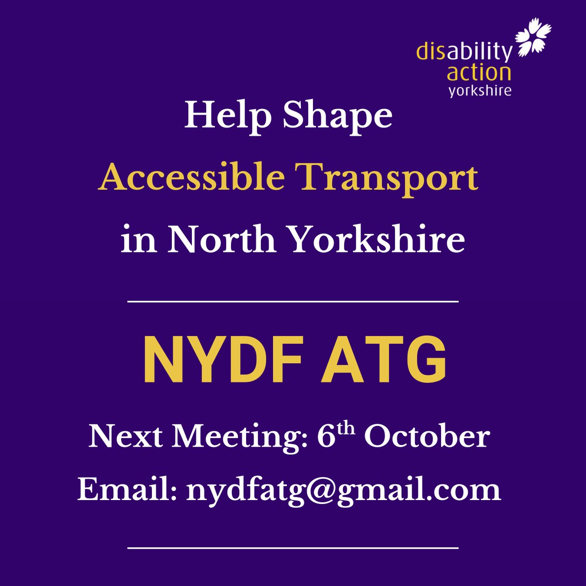 DisabilityActionYork (@disactyorks) on Twitter photo Your chance to influence accessible transport in NYorks! The next NYDF ATG meeting is on 6 October. Join online to speak directly with transport providers and decision-makers. Email nydfatg@gmail.com for details. All welcome! #AccessibleTransport #NorthYorkshire Your chance to influence accessible transport in NYorks! The next NYDF ATG meeting is on 6 October. Join online to speak directly with transport providers and decision-makers. Email nydfatg@gmail.com for details. All welcome! #AccessibleTransport #NorthYorkshire