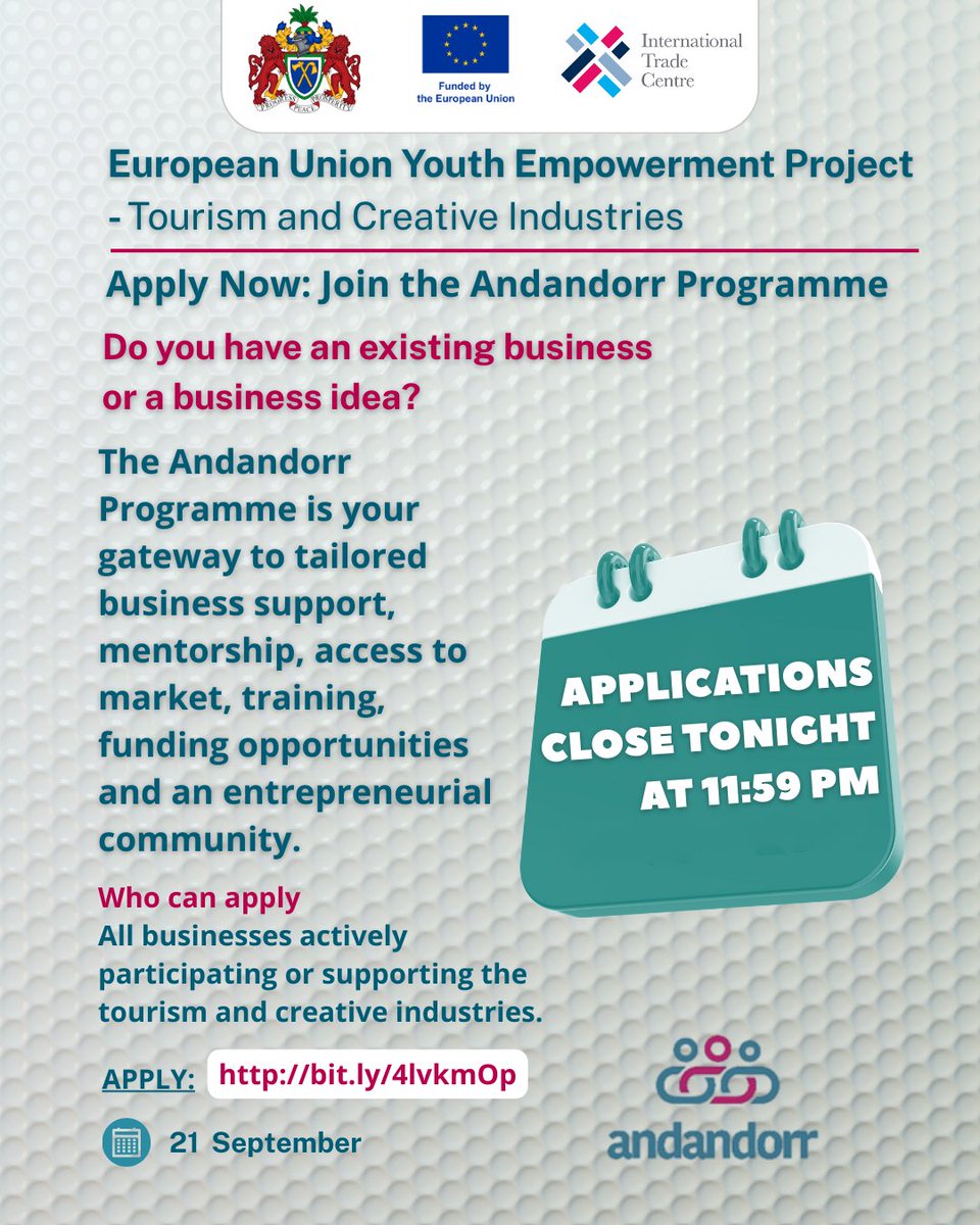 ITC_Gambia's tweet image. There’s still time to submit your application.

Applications close tonight at 23:59.

Apply now: bit.ly/4lvkmOp￼

Funded by the @EUinTheGambia through the EU YEP – Tourism and Creative Industries.