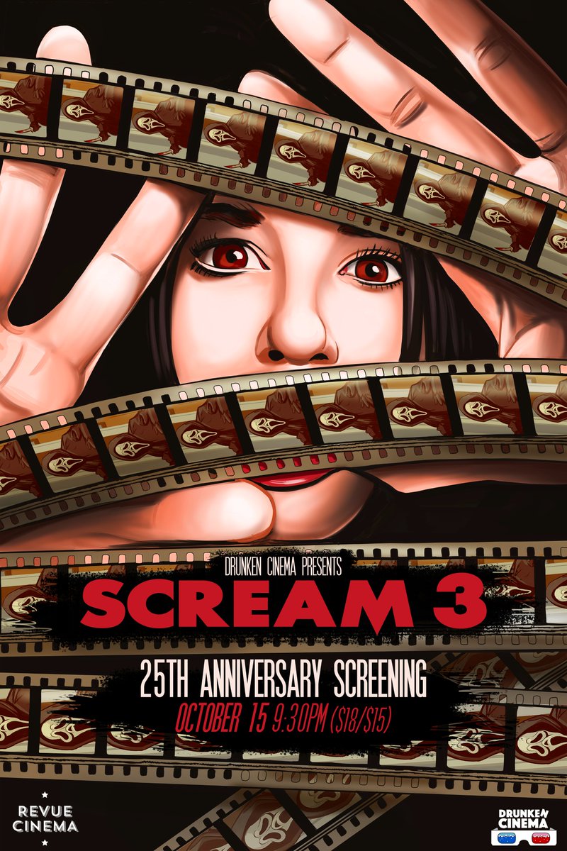 On Oct 10th, <a href="/drunkencinemaTO/">𝘿𝙧𝙪𝙣𝙠𝙚𝙣 𝘾𝙞𝙣𝙚𝙢𝙖</a> is rocking their micro bangs for a 25th anniversary screening of SCREAM 3! (Event poster designed by <a href="/ibtrav/">Travis Falligant</a> !) Get your tickets soon as there are only 4 TICKETS LEFT! 
revuecinema.ca/films/drunken-…