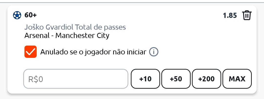 🏴󠁧󠁢󠁥󠁮󠁧󠁿Arsenal x Manchester City 
📝Josko Gvardiol anotar 60+ passes 
💸2 Unidades