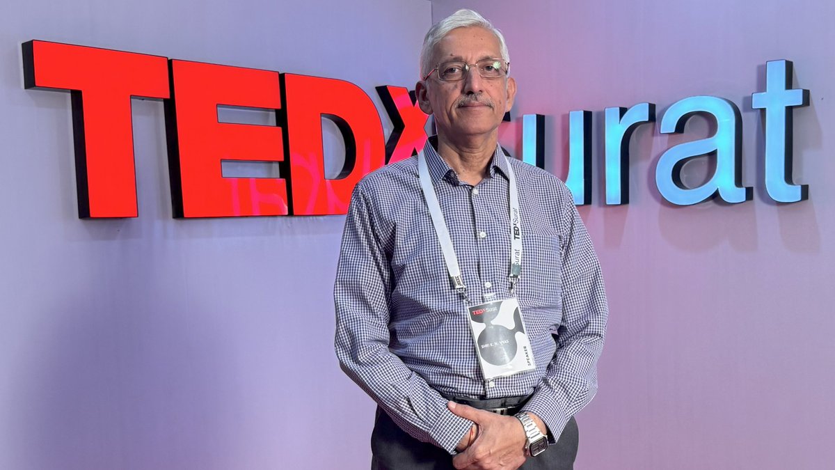 DAEIndia's tweet photo. Powering Life Beyond Power: Shri K. N. Vyas, Homi Bhabha Chair Professor and former Secretary, DAE &amp; Chairman, AEC, delivered an inspiring @TEDx talk in Surat, demystifying atomic energy and showcasing the immense promise of nuclear power. 1/3 https://t.co/hVHTu2NyKN