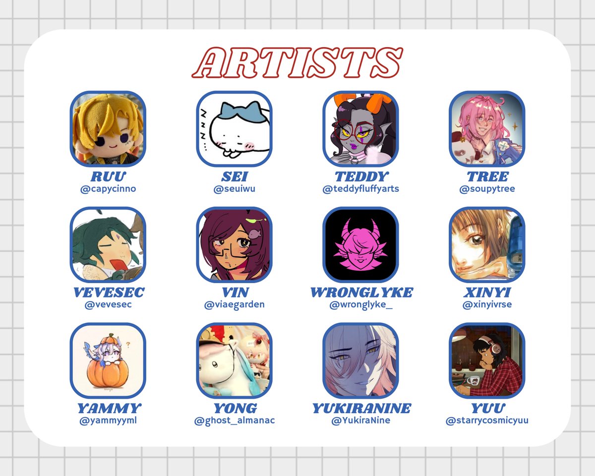 PhaideiForGaza's tweet photo. ARTISTS
@capycinno ✦ @seuiwu ✦ @TeddyFluffyArts ✦ @soupytree ✦ @veVesec ✦ @viaegarden ✦ @/wronglyke_ on instagram ✦ @xinyivrse ✦ @yammyyml ✦ @ghost_almanac ✦ @YukiraNine ✦ @starrycosmicyuu https://t.co/b3XAzUXqMS