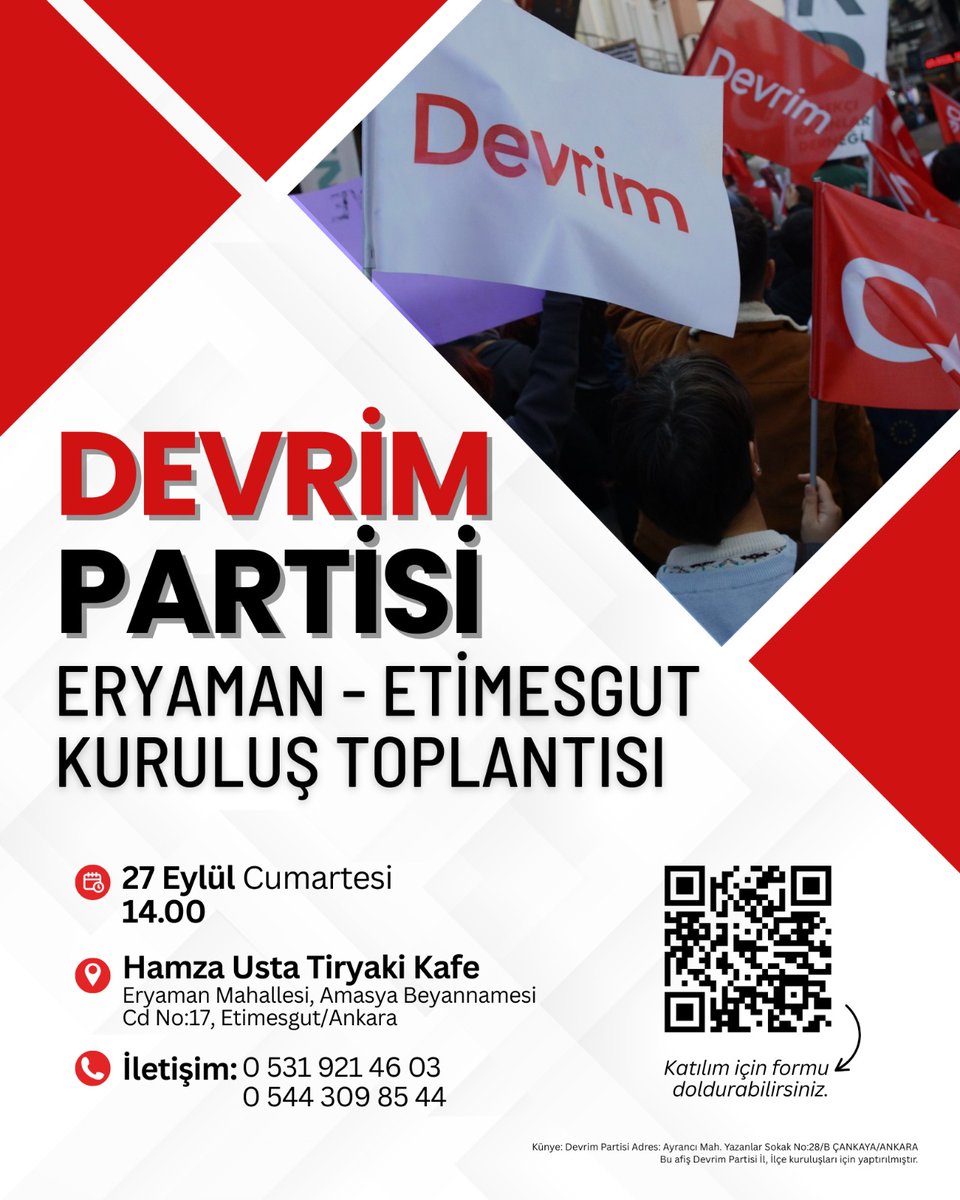 📢 Devrim Partisi Eryaman - Etimesgut Kuruluş Toplantısı 

🗓 27 Eylül Cumartesi 

📍Hamza Usta Tiryaki Kafe 

⏰️ 14.00