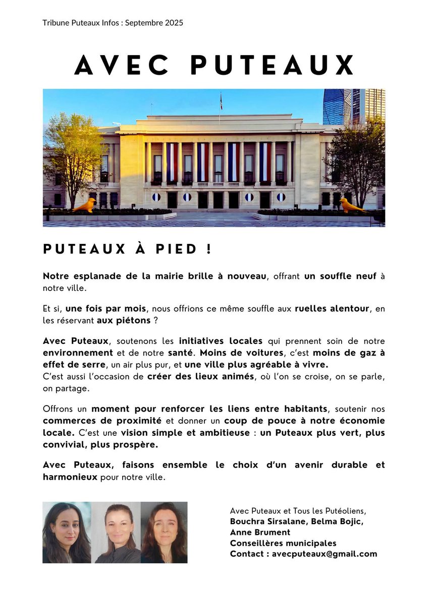 BSirsalane's tweet image. 🚶‍♀️Et si on réservait une fois par mois les rues de #Puteaux aux piétons ?
Des quartiers sans voiture, plus de #liensocial, un coup de boost à nos commerces et à l’#économielocale !

📌 Tribune du groupe #AvecPuteaux dans Puteaux Infos (sept. 2025)
#Piétonnisation #VilleVerte