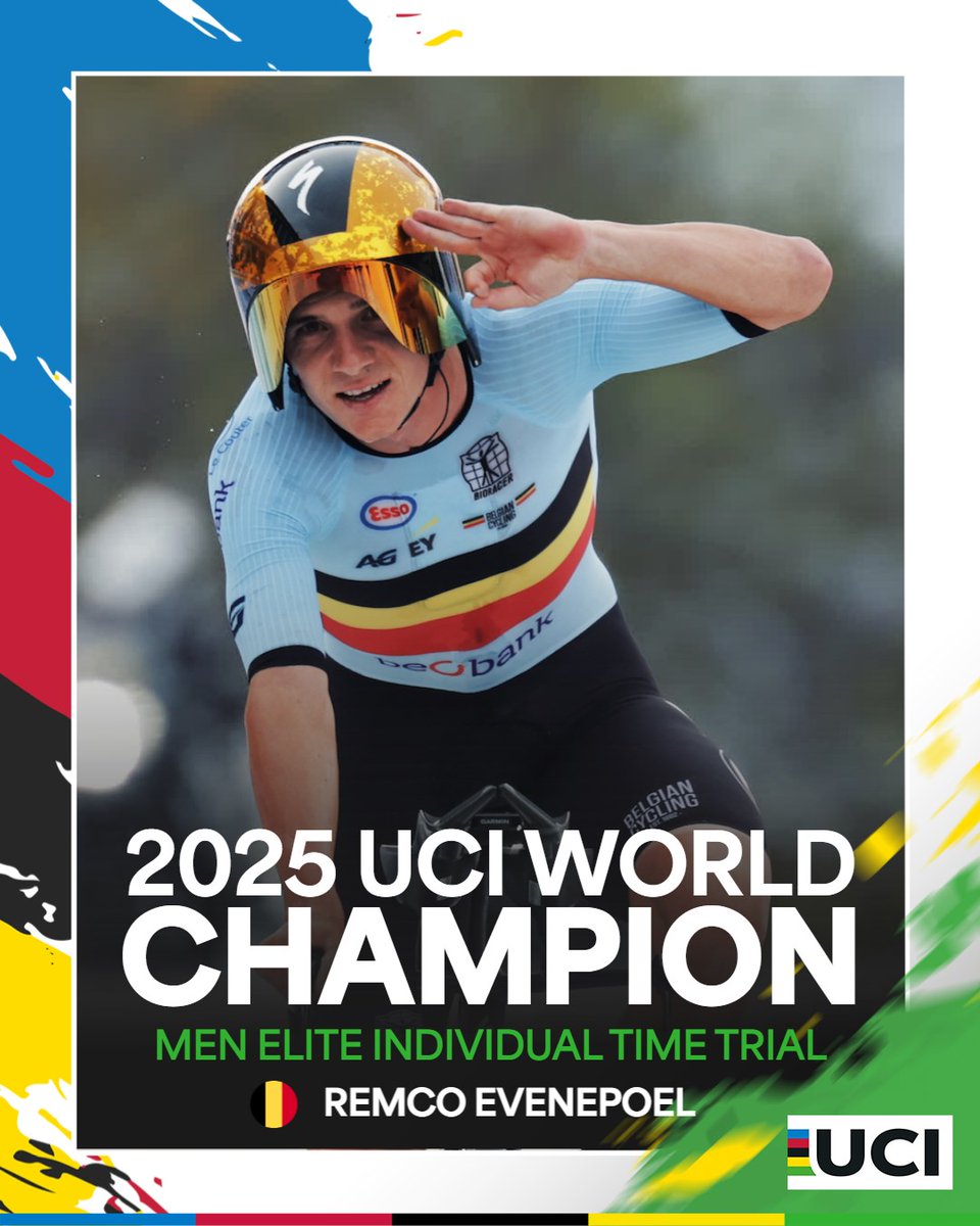 Remco Evenepoel wearing a cycling helmet with a gold visor, saluting with his right hand. He is in a light blue and black cycling jersey with the Belgian flag and AG2R La Mondiale logos. The text "2025 UCI World Champion Men Elite Individual Time Trial Remco Evenepoel" is visible.
