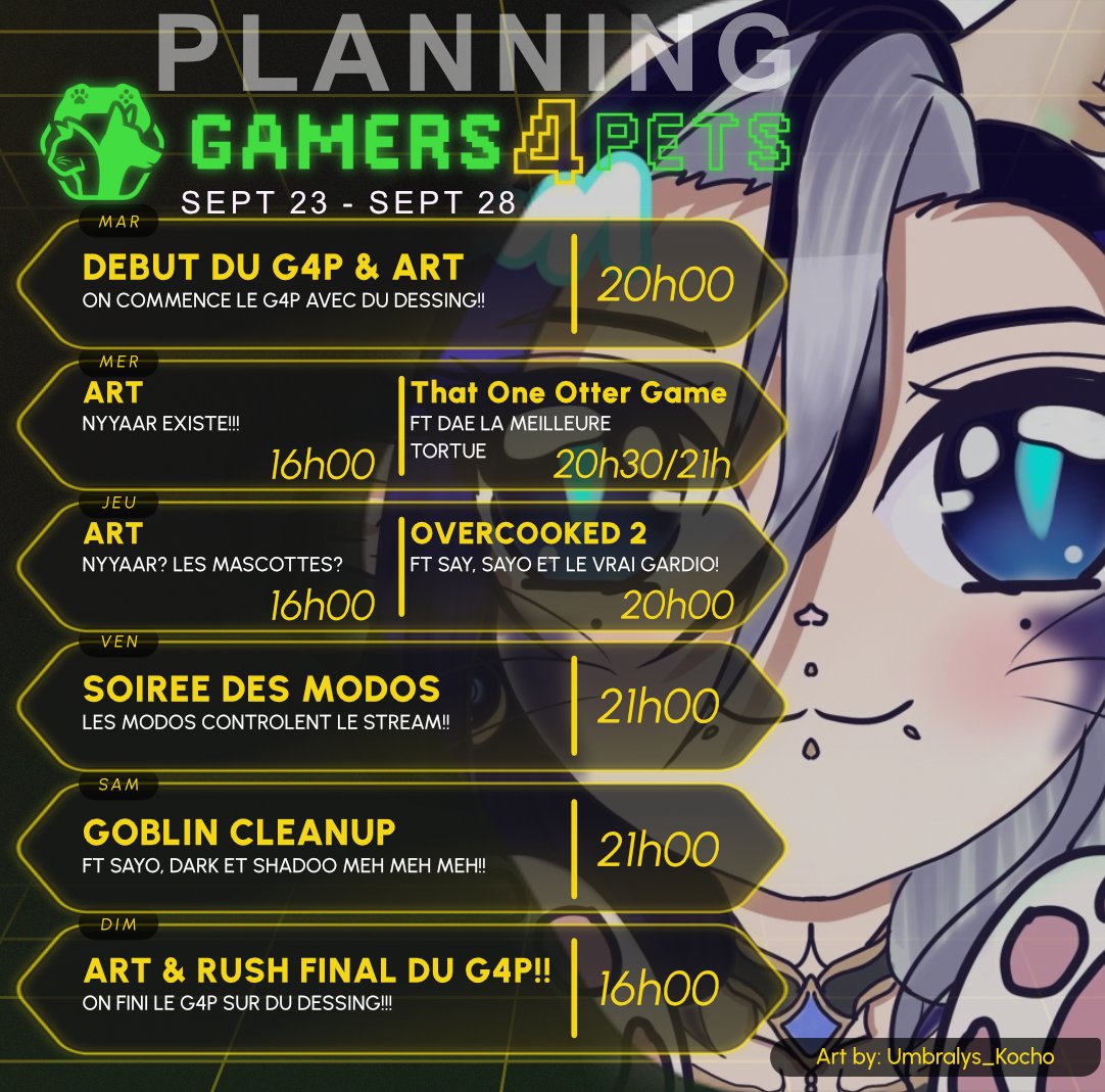 Niioor_'s tweet image. 🐚PLANNING DE LA SEMAINE🌊 

Lundi 20h cult of the lamb!

C'EST LE #Gamers4Pets CETTE SEMAINE!!

Mar démarrage à 20h! 
Mer Art &amp;amp; Collab avec @Daeriselda
Jeu Art &amp;amp; Collab avec @say_51_51 , @SayooDraw &amp;amp; @Gardio15
Ven Soirée des modos
Sam Collab avec les teuteus
Dim RUSH FINAL!

💙