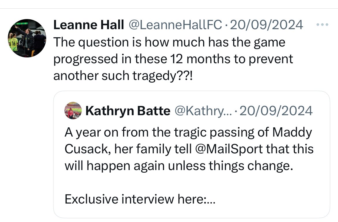 LeanneHallFC's tweet photo. I posted this 1 year ago. It was the one year anniversary of the passing of Maddy Cusack.  Exactly one year on we lose Matt Beard. Two (manager &amp; player) incredible humans lost to what is supposed to be our beautiful game. I will ask the same question again?? https://t.co/mLYeMPi4sm