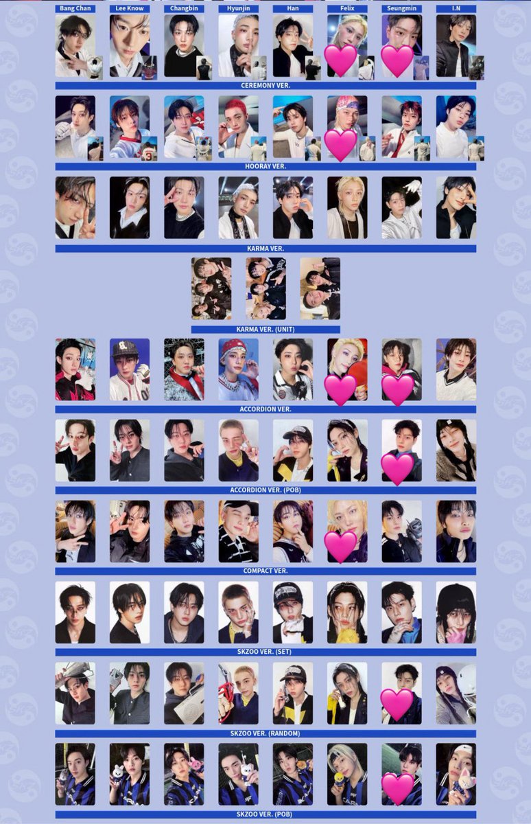 mentaltotofu's tweet photo. StrayKids スキズ KARMA 封入 コンパクト トレカ SKZOO 交換

譲）画像1枚目

求）画像2枚目🩷(同種優先)
　　特典同種🐥

郵送/大阪手渡し対応◎
まとめての方を優先しております🫧
お気軽にお声がけください🙇🏻‍♀️
#straykids交換 https://t.co/zXkpRS9gU3
