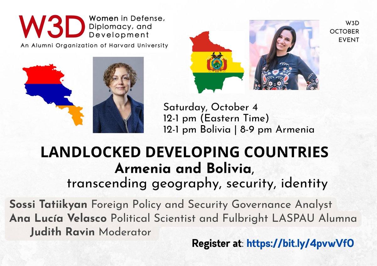 🌍Join Harvard W3D for the first event in a series on Landlocked Developing Countries with regional experts Sossi Tatikyan and Ana Lucia Velasco. 

⏰October 4, 2025 at 12-1pm (Eastern Time)/12-1pm (Bolivia)/8.9 pm (Armenia).