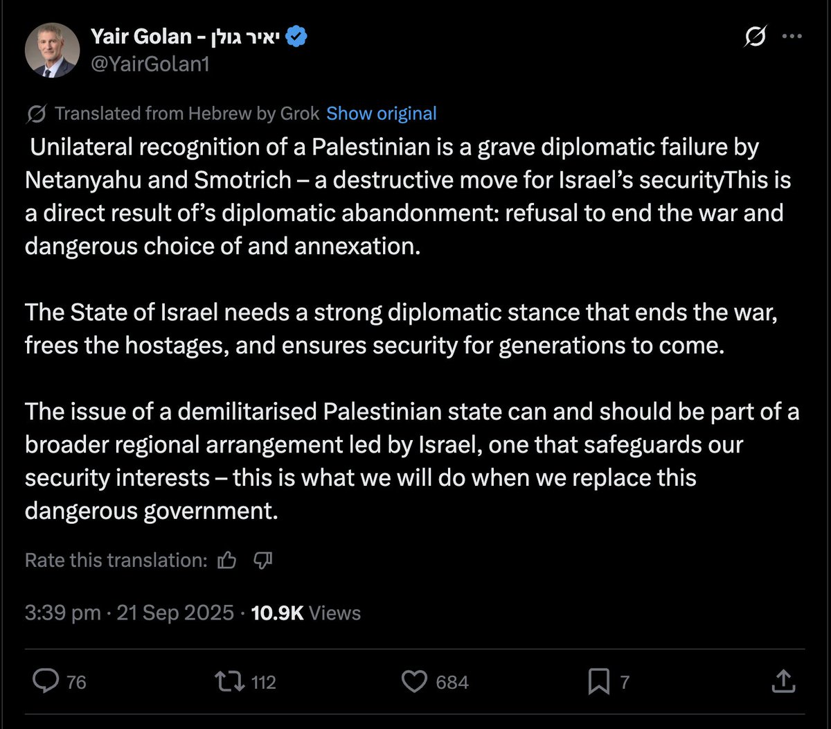 The most left-wing Israeli opposition leader is upset 3 countries made a symbolic recognition of a Palestinian state that is yet to be

Those pretending Netanyahu alone is the problem are deliberately &amp; despicably covering up the deep rot in the entire Israeli mainstream!