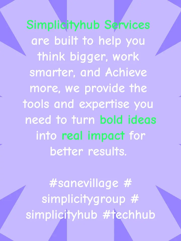 _Simplicityhub's tweet photo. Simplicityhub Services are built to help you think bigger, work smarter, and Achieve more, we provide the tools and expertise you need to turn bold ideas into real impact for better results.
#sanevillage #simplicitygroup #simplicityhub #techhub https://t.co/y3jdCLdWFu