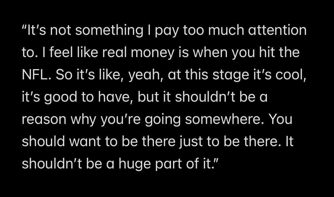 Already seeing lots of discourse like this surrounding Malik Washington.

For what it’s worth, here’s what he told me after his commitment last year when I asked about NIL/making money in college.

“I feel like real money is when you hit the NFL,” he said.