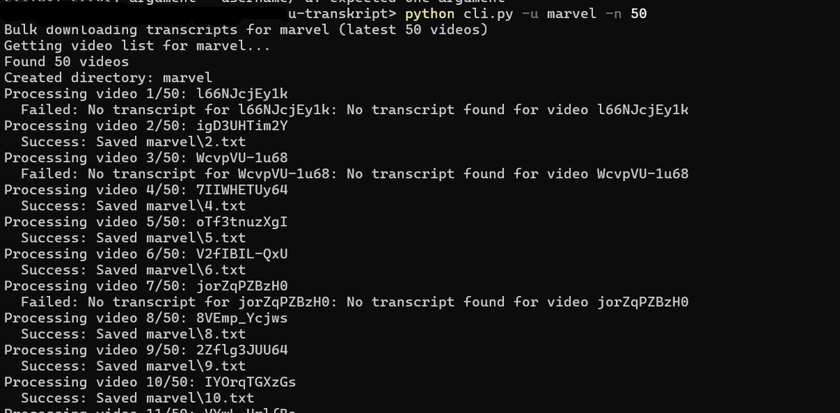 Now we’re two steps ahead of the YouTube transcript API!!!
Congratulations — you can now download the transcript of the target YouTube user’s latest video(s) as much as you want :))

github.com/U-C4N/U-transk…