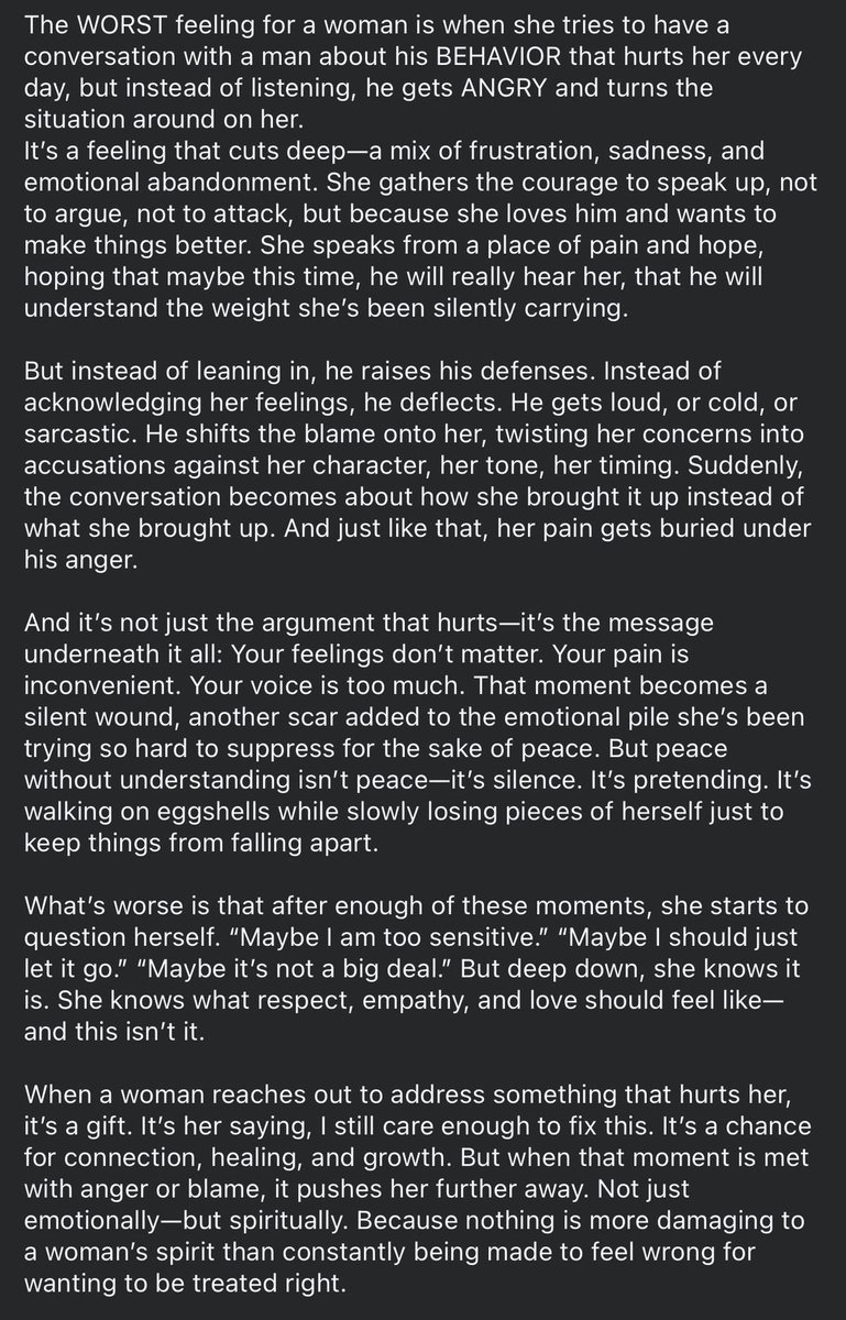 " الأسوأ شعورًا عند المرأة هو عندما تحاول أن تفتح حديثًا مع الرجل عن سلوكه الذي يؤذيها يوميًا، لكنه بدل أن يصغي، يغضب ويقلب الموقف ضدها.
إنه شعور يقطع أعماقها، مزيج من الإحباط والحزن والتخلي العاطفي. تجمع شجاعتها لتتكلم، ليس لتجادل أو تهاجم، بل لأنها تحبه وتريد أن تُصلح الأمور.