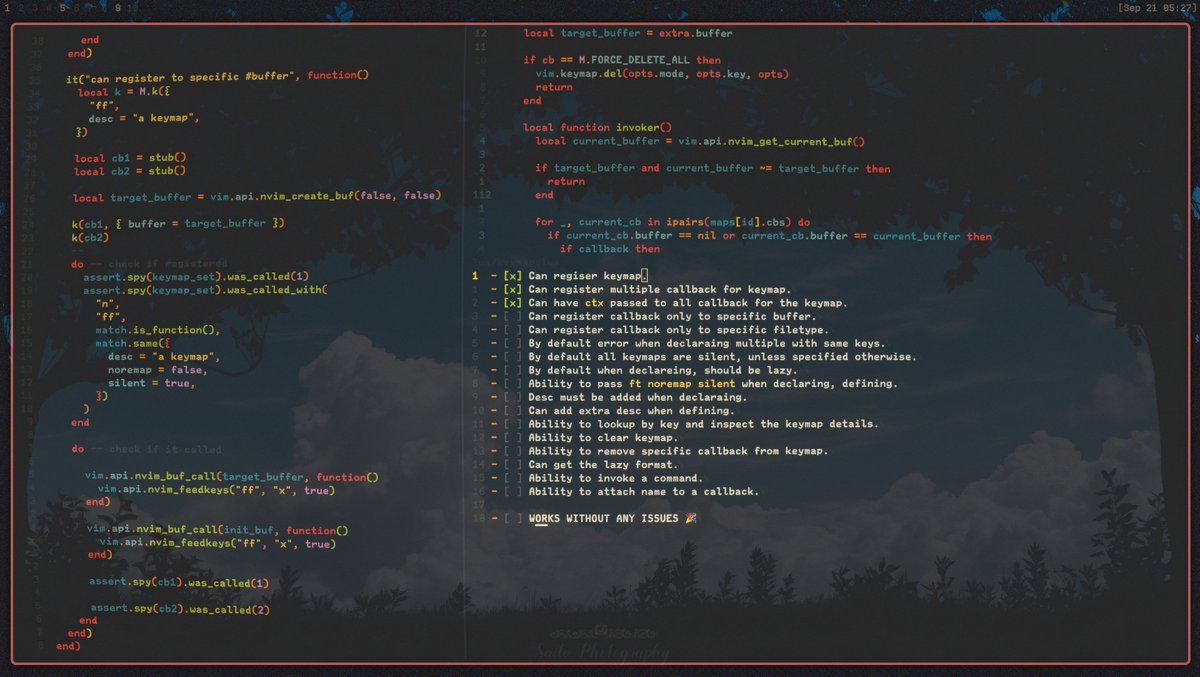 حاليا أشتغل على 
neovim keymap multiplexer

والموضوع يعتبر متقدم ويتطلب فهم عميق لكيفية تعامل neovim مع الـ keymaps.

هو في شيء براسي ودي اسويه🙂

طبعا راح نستخدم الـ automated testing لأن ماعندي ثقه بالكود اللي أكتبه🙃

البث الأن:

kick.com/0xwal