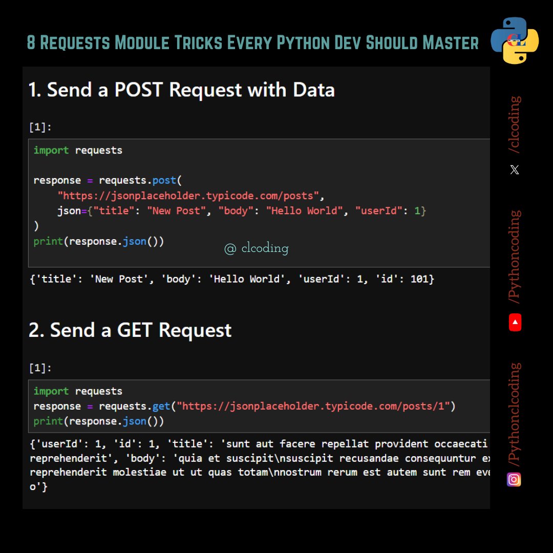 clcoding's tweet image. 8 Requests Module Tricks Every Python Dev Should Master