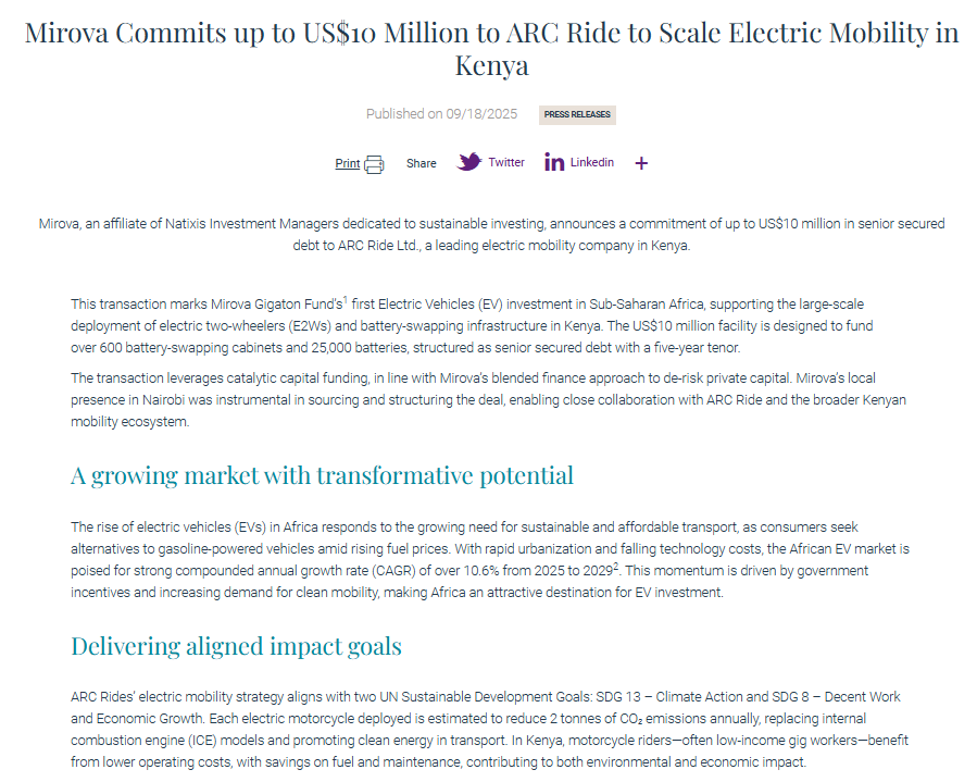 IanAchando's tweet photo. Kenya's electric mobility start-up, Arc Ride, has secured a commitment of up to Sh1.3bn in debt funding from Mirova.

The Sh1.3bn facility is designed to fund over 600 battery-swapping cabinets and 25,000 batteries, structured as senior secured debt with a five-year tenor. https://t.co/EMeGZiV7Ag