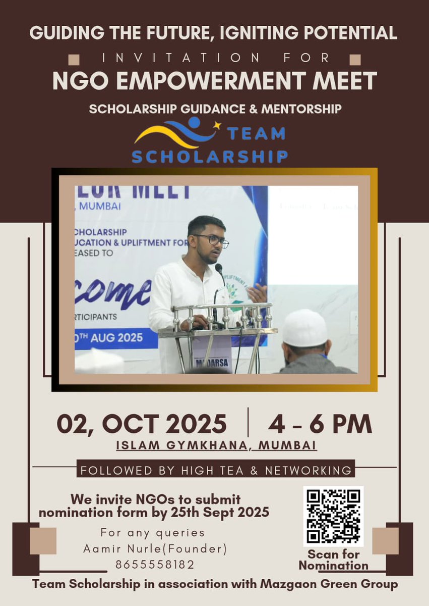 🌟 Invitation for Nominations –
*“Guiding the Future, Igniting Potential – NGO Empowerment Meet”*

📩We invite you to fill nomination form by 25th Sept 2025 to attend this enriching session
🔗 forms.gle/FBqL4Q2GvKAs33…
<a href="/teamscholarship/">Team Scholarship 🎓</a>