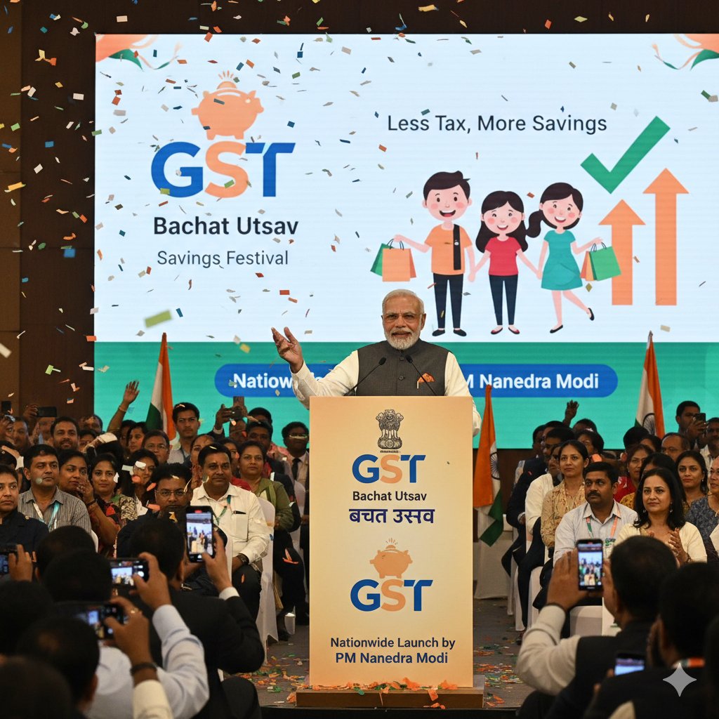 InformedBharat_'s tweet image. 🧵Thread: Key Takeaways from PM Modi’s Address 🇮🇳

1️⃣ GST Bachat Utsav Launched

PM Modi announces GST reforms during Navratri! New rates on essentials and medicines will save families more every month. 

#GSTBachatUtsav #ModiAddress