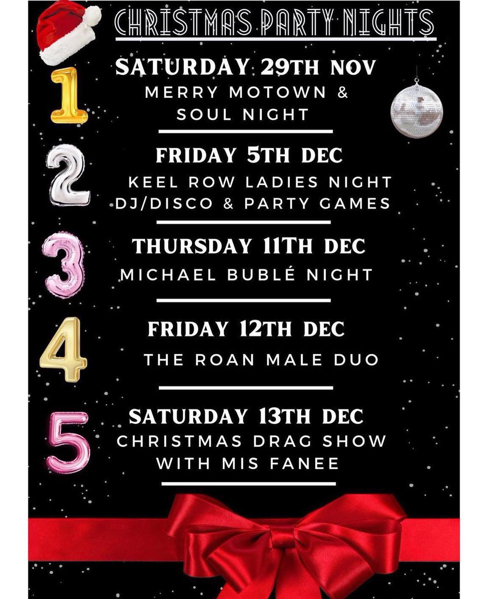 Diary opens tomorrow at 11am for our Christmas Party Nights 🥳 🪩 Call 0191 237 0060 to book ☎️ 

Each party night includes a 3 course festive meal and entertainment 🎤

£35 p.p which includes your 3 course meal &amp; live entertainment 🥂  🥳