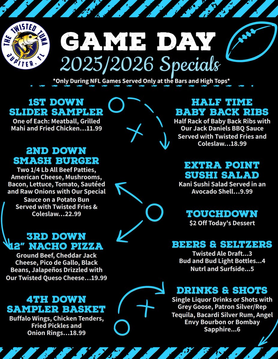 TwistedTunaJup's tweet photo. 🏈 Join Us for Sunday Football at The Twisted Tuna! 🏈

Hey football fans! Are you ready to catch all the action this Sunday? Join us at The Twisted Tuna and enjoy every tackle and touchdown with these amazing specials! 🎉🍔🍻

#SundayFootball #TwistedTuna #Specials https://t.co/ofX8ne9OUv