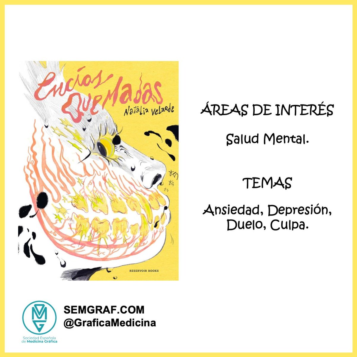 El domingo y su reseña de #MedicinaGráfica
Esta semana es un trabajo de <a href="/talphin1975/">Alejandro Martinez</a> 
Encías quemadas de <a href="/Nix98ConBotas/">Natalia Velarde</a> publicada por <a href="/ReservoirBooks/">Reservoir Books</a> 
Una peculiar historia de duelo personal
semgraf.com/resena/encias-…