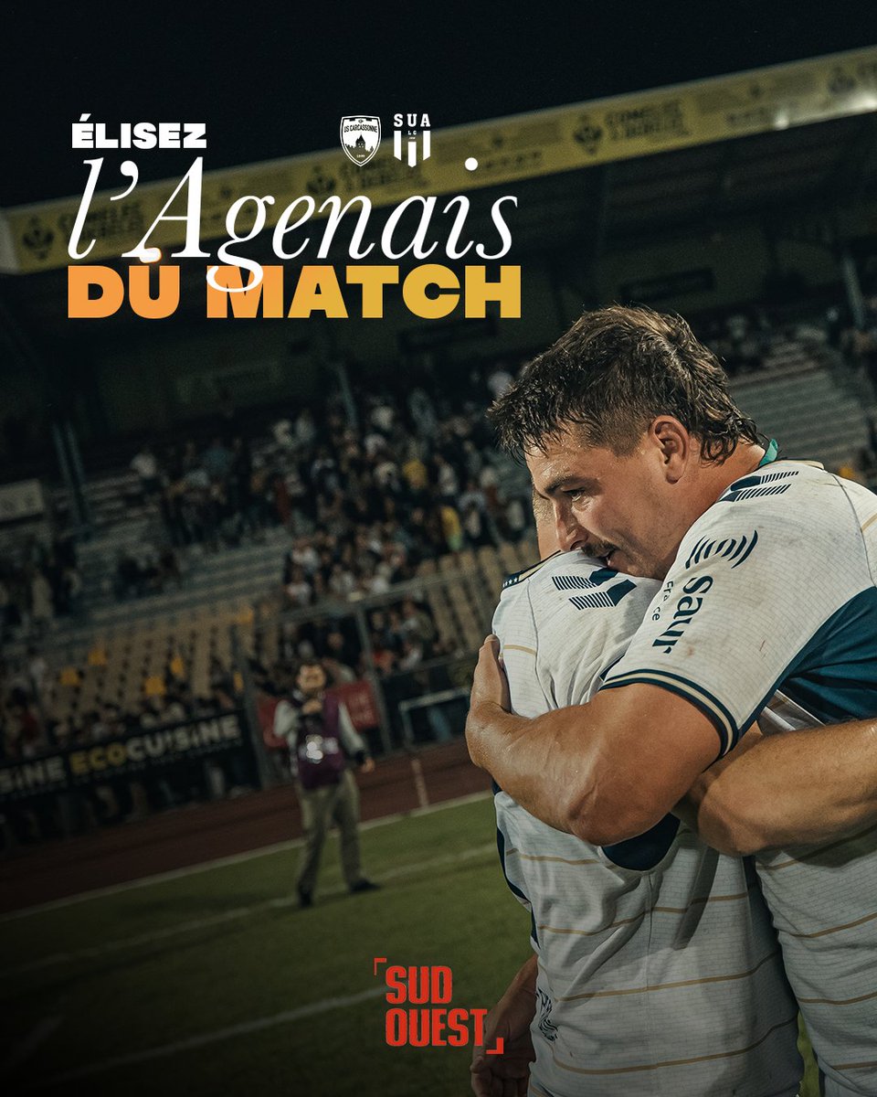 agen_rugby's tweet photo. 𝙇'𝘼𝙜𝙚𝙣𝙖𝙞𝙨 𝙙𝙪 𝙢𝙖𝙩𝙘𝙝 avec @sudouest ⚔️

À vos votes pour élire l'Agenais de #USCSUA ⤵️
🔗 https://t.co/P1AnKeAqgh https://t.co/RejwpMYlHy