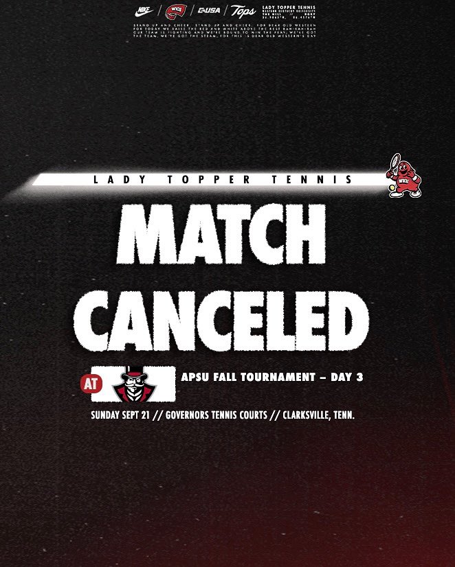WKU Tennis (@wkutennis) on Twitter photo ๐จ ๐ฆ๐๐๐๐๐จ๐๐ ๐จ๐ฃ๐๐๐ง๐ ๐จ
The matches scheduled for today at the APSU Fall Tournament have been canceled due to inclement weather. 
Results from the weekend โคต๏ธ
๐ wkusports.com/news/2025/9/21โฆ
#GoTops ๐จ ๐ฆ๐๐๐๐๐จ๐๐ ๐จ๐ฃ๐๐๐ง๐ ๐จ
The matches scheduled for today at the APSU Fall Tournament have been canceled due to inclement weather. 
Results from the weekend โคต๏ธ
๐ wkusports.com/news/2025/9/21โฆ
#GoTops