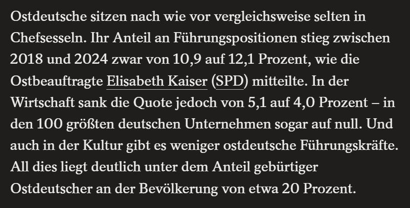 Zahl des Tages: In den 100 größten deutschen Unternehmen gibt es offensichtlich nicht einen Ossi in Führungspositionen. Was sagt uns das?

Quelle: spiegel.de/panorama/gesel…