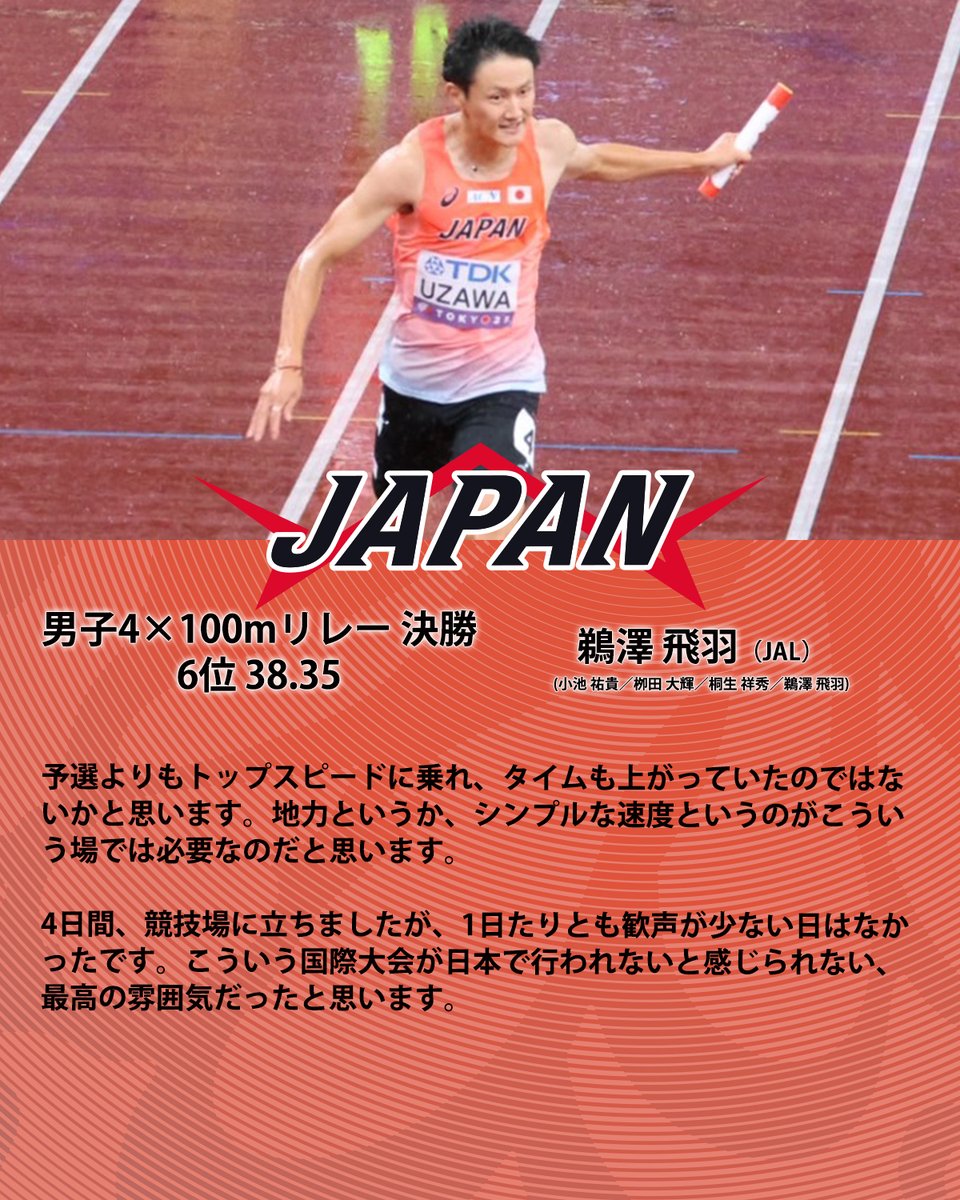 東京2025世界陸上】 ◤ 男子4×100mリレー決勝 6位入賞 🇯🇵日本 38秒35