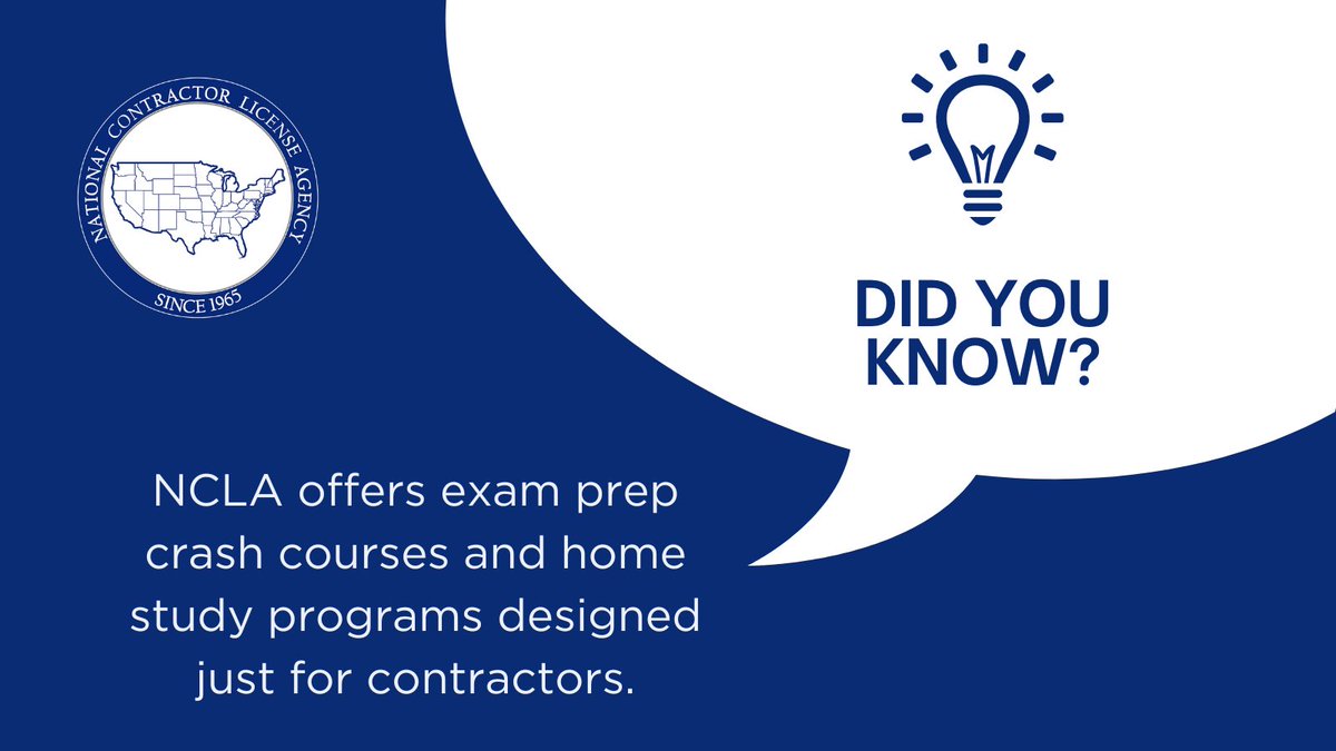 License_Agency's tweet image. Did you know? NCLA offers exam prep crash courses and home study programs designed just for contractors. Your license test doesn’t stand a chance.
#ContractorSuccess #NCLA #Didyouknow #Examprep