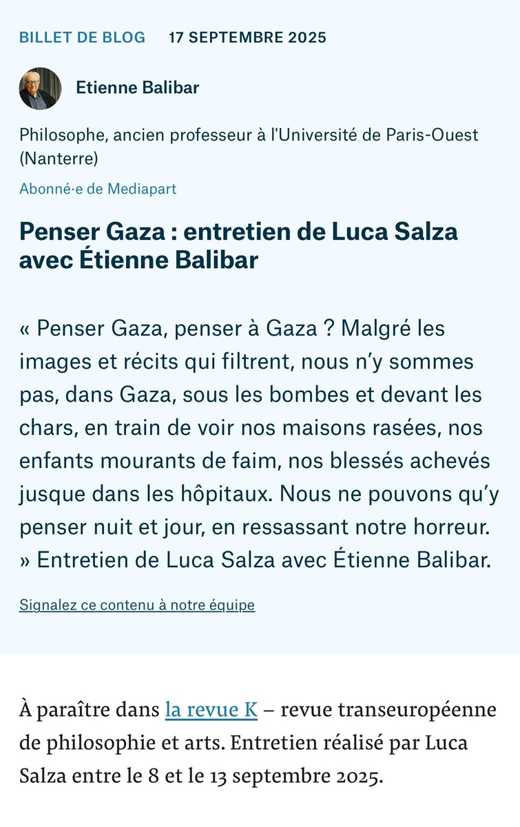 📚 Étienne Balibar : “Je me dis “juif” parce que je suis bouleversé (…) Hélas, Gaza n’est pas un génocide “possible”, à discuter, à venir: c’est un génocide en marche, exécuté sous nos yeux avec une inflexible détermination et sans véritable opposition”
👉blogs.mediapart.fr/etienne-baliba…