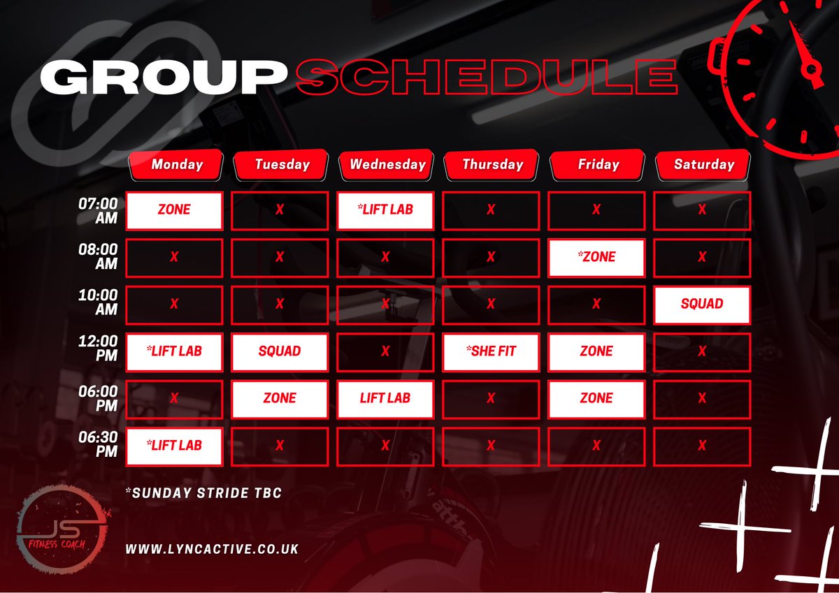 lync_active's tweet image. 🚀 Project Elevate kicks off next week!
💪 New group schedule (may change)
👥 * = coached by James/John
🔥 First session FREE this week
📲 WhatsApp group to confirm attendance – DM me to join!

#ProjectElevate #LyncActive
