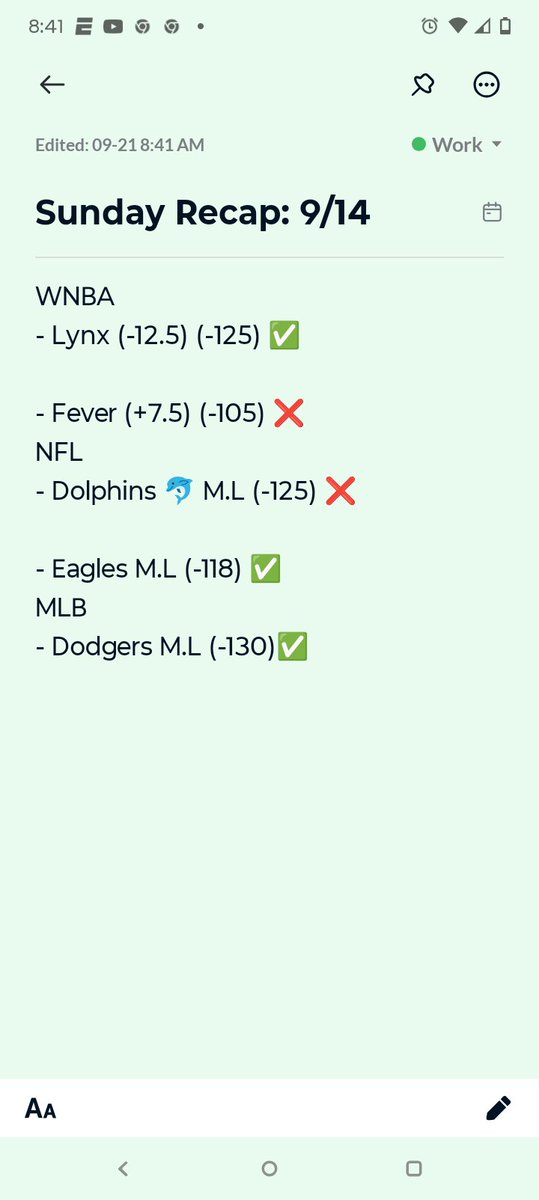 📊 Sunday Recap – Sept 14
WNBA:
✅ Lynx -12.5 (-125)
❌ Fever +7.5 (-105)
NFL:
❌ Dolphins ML (-125)
✅ Eagles ML (-118)
MLB:
✅ Dodgers ML (-130)
Solid day across the board 💰
•
•
•
 #WNBA #NFL #MLB #SportsBetting #GamblingTwitter #PicksLaurent