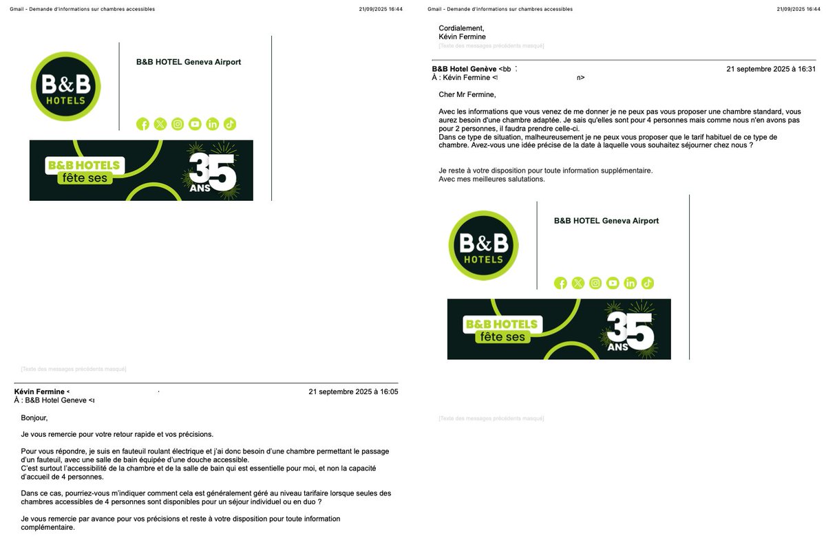 ♿️🇨🇭 Accessibilité ou surcoût ?

Un hôtel à Genève m’indique que, comme je suis en fauteuil roulant, je dois réserver une chambre « accessible »… mais ces chambres n’existent qu’en version 4 personnes.

 👉Impossible donc d’avoir une chambre double adaptée.
👉 Résultat : je dois