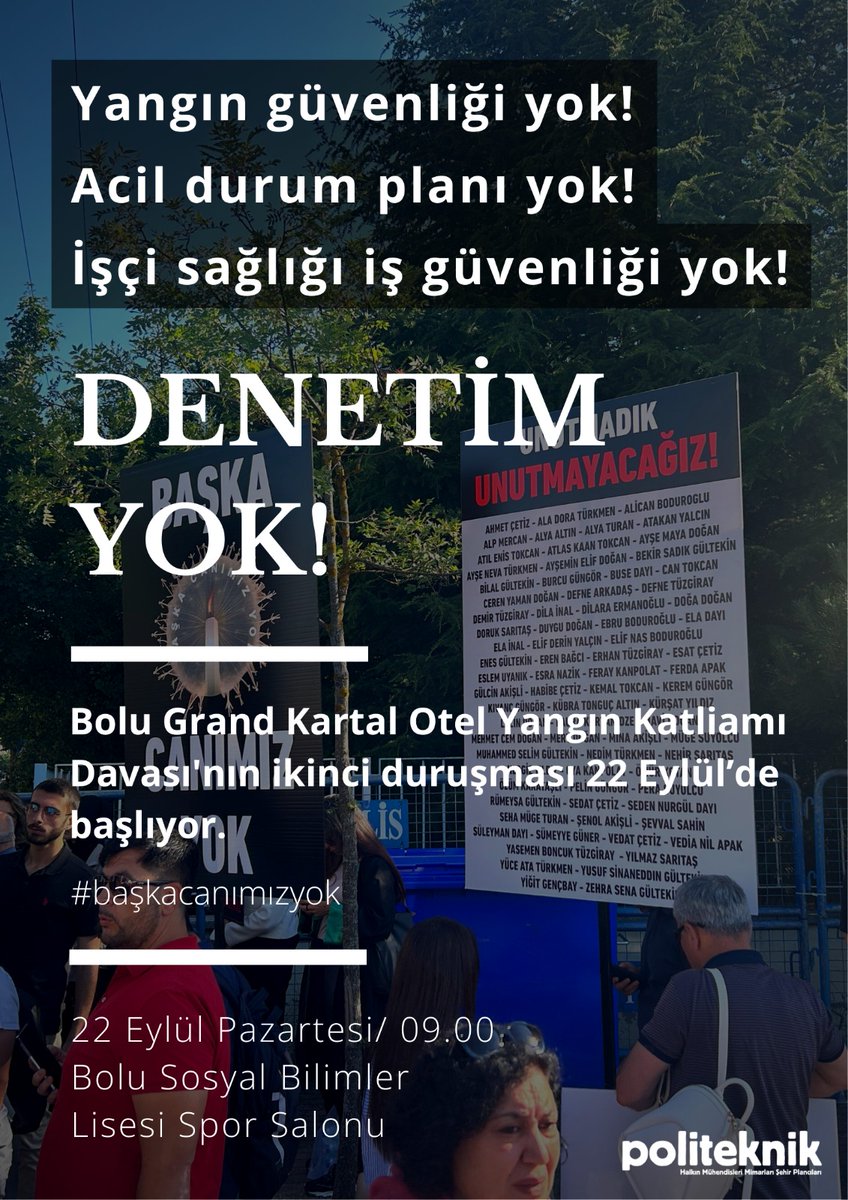 Bolu Grand Kartal Otel'de
-Yangın güvenliği yok!
-Acil durum planı yok!
-İşçi sağlığı, iş güvenliği yok!
-Yapı güvenliği yok!
-DENETİM YOK!

Kültür ve Turizm Bakanlığı
Bolu İl Özel İdaresi
Çalışma ve Sosyal Güvenlik Bakanlığı
Bolu Grand Otel Yangın Katliamı’ndan sorumludur⬇️⬇️