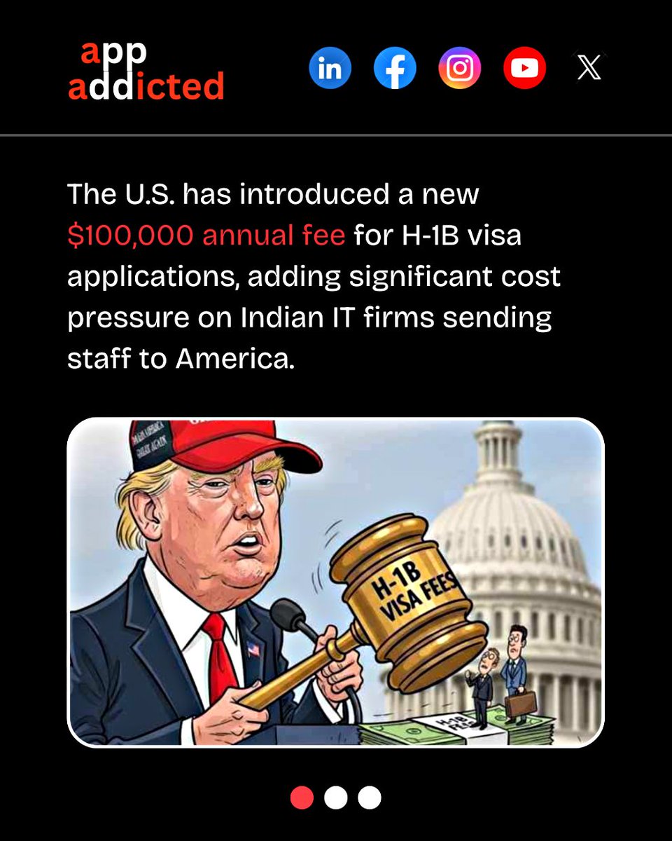 appaddicted_co's tweet image. The U.S. has introduced a $100,000 fee for new H-1B visa applications—posing fresh challenges for IT firms. As costs rise, companies may shift hiring strategies and nurture more local talent, reshaping the global tech workforce. 🌍
#H1BVisa #IndianIT #TechWorkforce #GlobalTech