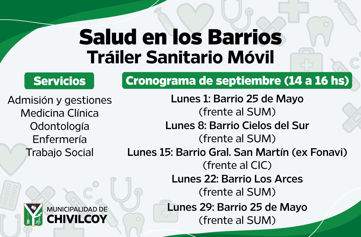 📍Lunes 22 salida del Trailer Sanitario 🩺 estará si el tiempo acompaña y no llueve en barrio los Arces ( frente al Sum ).
✅ Calle Paunero y calle 78 .
🕑 De 14 a 16 hs.

<a href="/BritosGuillermo/">Guillermo Britos</a>